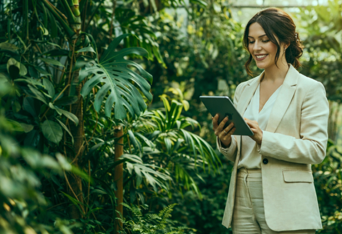 Woman lookin a tablet and walking in an interior garden