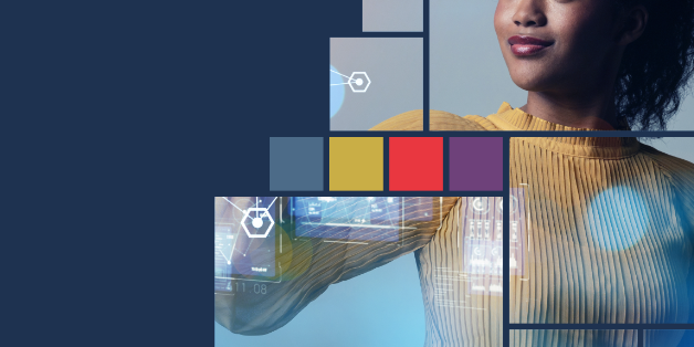 women with technology symbols around her