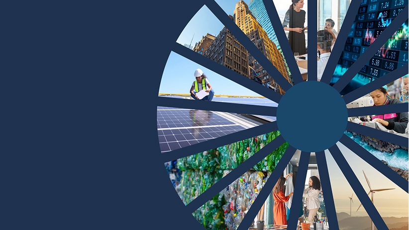 Graphic with a dark navy background and a circular burst of triangular photo segments on the right side, radiating from a solid navy center. The segments show varied business and sustainability imagery: a worker installing solar panels, city skyscrapers, stock market data, plastic bottle recycling, wind turbines, and people working.