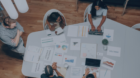 a team collaborating at a table