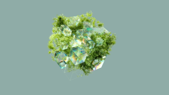 Isometric, futuristic cube with plants