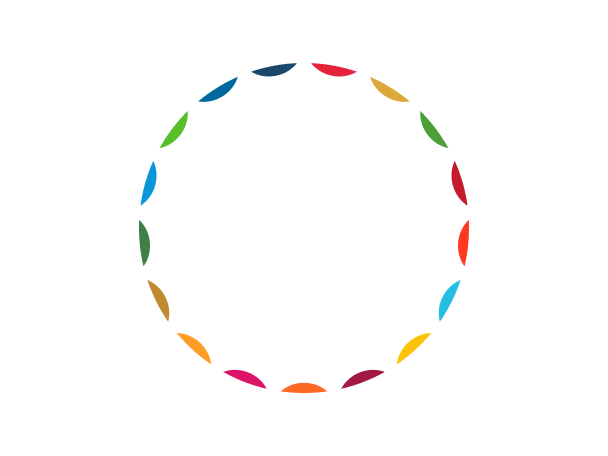 A circular graphic with a ring of colorful leaf-shaped icons (blue, red, orange, green, teal, magenta) around the edge, set against a dark background with a faint image of hands. Centered text reads "15 years of the UNGPs."